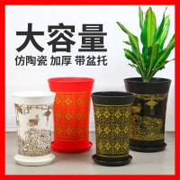 深筒塑料花盆廠家批發(fā) 仿瓷加厚高筒大號花盆 象牙白福字落地花盆